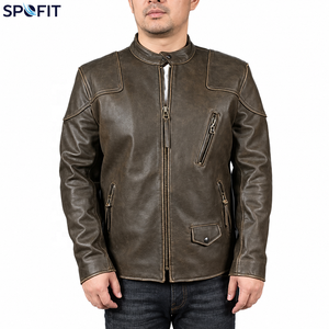 Custom Men's Vintage Leather <b>Jacket</b> Stand Collar Full Zip Casual Motorcycle <b>Jacket</b> with Multiple Pockets - Product Image 1