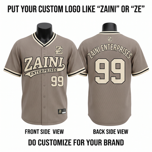 เสื้อเบสบอลผ้าโพลีเอสเตอร์เบิร์ดอาย ระบายอากาศได้ดี 180 GSM สีเบจทราย ดำ แต่งขอบคอและแขนเสื้อ  ออกแบบชื่อทีมและโลโก้ด้านหน้าได้ตามต้องการ - Product Image 1