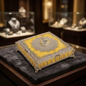 Luxury <b>Metal</b> Dry Fruit <b>Box</b> with Peacock Design Amber Enamel Finish Silver Filigree Detailing Ornate Decorative Gift <b>Storage</b> <b>Box</b> - Product Image 4