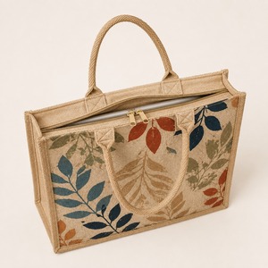 Sac fourre-tout en jute à imprimé feuilles avec poignée en corde, réutilisable pour les courses et l'usage quotidien, option de logo personnalisé, prêt pour la promotion - Product Image 4