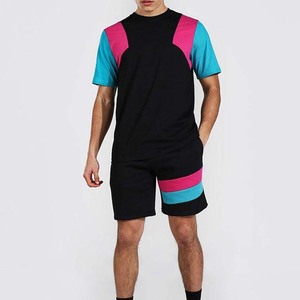 Ensemble deux pièces décontracté d'été pour hommes, sur mesure, respirant, tricoté uni, t-shirt et short, service OEM, couleur contrastée - Product Image 1
