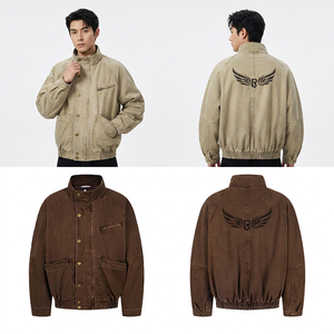 Veste en toile lavée pour homme, col montant, broderie ailes au dos, vêtement d'extérieur décontracté en coton pour l'automne - Product Image 2