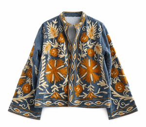 Blue Velvet <b>Mandarin</b> <b>Collar</b> <b>Jacket</b> With Orange Floral Embroidery Lantern Sleeve Autumn Elegant Women's Coat - Product Image 3