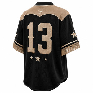 Camiseta de Béisbol Midnight Cowboy para Hombre, Negra con Bordado Dorado, Malla Transpirable, Manga Corta, Cierre de Botones, Corte Regular, para Adultos, Todas las Temporadas - Product Image 5