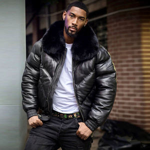 <b>Men's</b> Black PU Puffer <b>Jacket</b> With Fur Collar Zipper Closure Winter Thick Windproof Moto Style <b>Short</b> Length - Product Image 2