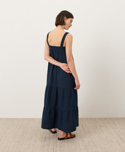 Women Girls Navy Blue Organic Cotton Floor-Length Strappy Tiered Maxi <b>Dress</b> <b>Loose</b> Fit Casual Summer Style Open Back Maxi <b>Dress</b> - Product Image 3