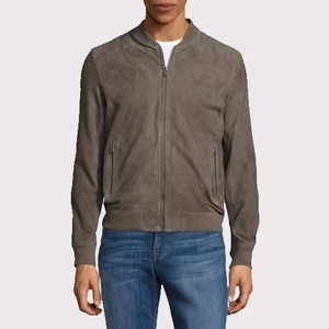 เสื้อแจ็คเก็ตบอมเบอร์หนังกลับสีเทาสำหรับผู้ชาย - Product Image 1