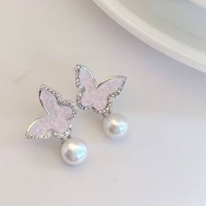High-End Blue Pink <b>Butterfly</b> Earrings with Natural Pearl Versatile Colorful Dangle Style for Retail and Wholesale - Product Image 1