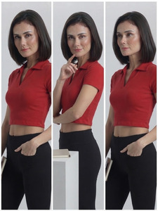 Top Corto Personalizado para Mujer, Estilo Veraniego, Ajustado, Manga Corta, Color Sólido, Tejido de Punto, Cuello Camisero - Product Image 6