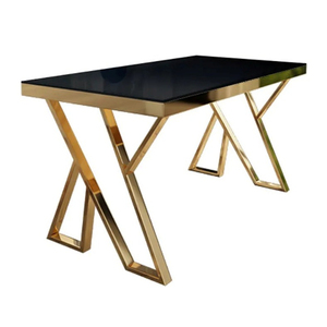 Table à manger rectangulaire moderne avec plateau en verre trempé noir et pieds en métal doré, mobilier contemporain pour la maison - Product Image 1
