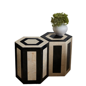 Tabouret monochrome en os incrusté, table d'appoint géométrique noir et blanc, table d'appoint artisanale à illusion d'optique pour salon, vente en gros - Product Image 6