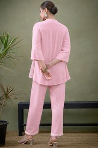 Ensemble Kurta et pantalon en coton rose brodé pour femme, coupe régulière, longueur mi-longue, tenue de soirée, style Inde Pakistan, été - Product Image 3