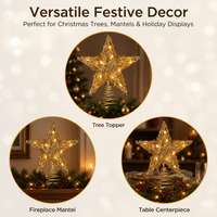 Décor de sommet d'arbre de Noël en fer en forme d'étoile pentagonale avec guirlande dorée, lumières LED chaudes et base à ressort robuste 12x15cm pour la décoration des fêtes