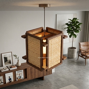 Lampe suspendue carrée de style oriental avec bois et bambou, éclairage écologique pour la décoration intérieure moderne - Product Image 5