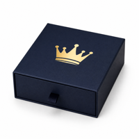 Boîte cadeau de luxe bleu foncé personnalisée avec logo couronne dorée et insert en velours 150x150x50mm pour emballage de bijoux