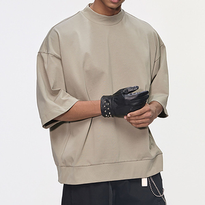 T-shirt décontracté pour homme en polyester/coton, coupe droite, grammage lourd, uni, à épaules tombantes, avec ourlet côtelé et col montant - Product Image 2