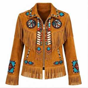 Veste de camionneur marron à franges avec col rabattu orné de perles turquoise - Product Image 2
