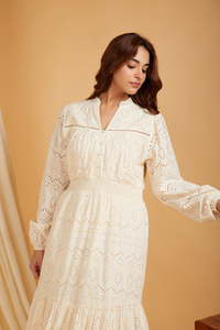 <b>Boho</b> Chic V-Neck Cotton Midi <b>Dress</b> Featuring Eyelet Embroidery and Voluminous Puff Sleeves Casual <b>Summer</b> Apparel for Women - Product Image 6