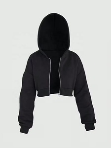 Sweat-shirt à capuche court noir pour femme, couleur unie, décontracté, manches longues, tricoté, 100% coton, pour l'automne - Product Image 3