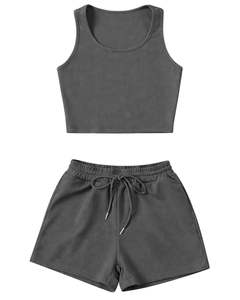 Ensemble décontracté deux pièces pour femme : débardeur court côtelé et short à cordon gris foncé – Fabricant sur mesure, vente en gros, OEM - Product Image 1
