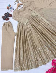 New Designer Women's Solid Heavy Chinon Silk Gown Pant & Dupatta Set with Embroidery 5mm Sequence Work Sleeve Mirror Work - Product Image 3