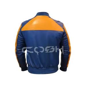 แจ็คเก็ตบอมเบอร์หนังแท้สีน้ำเงินเหลืองแบบสั่งทำพิเศษ สไตล์เรโทร แจ็คเก็ตหนังแบบซิปพร้อมปลายแขนเสื้อแบบริบ - Product Image 6