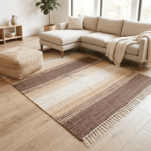<b>Rustic</b> Striped Cotton Area <b>Rug</b> Rectangle Flat Weave Low Pile Reversible Scandinavian Style Living Room <b>Rug</b> With Fringe Floor <b>Rug</b> - Product Image 1