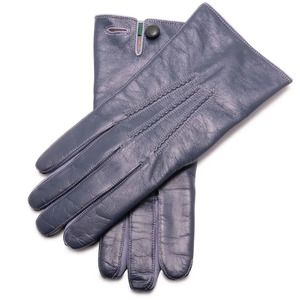 Womens Handmade Blue Gray Leather <b>Gloves</b> Green Trim Soft Winter Full Finger Outdoor Party Elegant Driving Warm Lined Snap - Product Image 1
