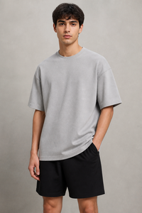 เสื้อยืดโอเวอร์ไซส์สีเทา คอกลม แขนสั้น ทรงหลวม สไตล์ลำลองสำหรับผู้ชาย ผ้าคอตตอนเจอร์ซีย์ 100% ดีไซน์เรียบง่าย แห้งเร็ว - Product Image 6