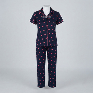 Conjunto de Pijama de Invierno para Mujer, Azul Marino, 100% Algodón Satinado, Bordado, Talla Grande, Manga Larga, Cuello en V, Cintura Elástica, Botones al Frente - Product Image 1
