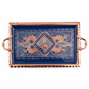 Plateau de service ovale en cuivre artisanal turc, design floral en émail bleu, plateau décoratif de luxe pour la maison, l'hôtel, la salle à manger - Product Image 1