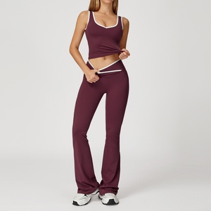 Women's Solid V Neck Elastic Waist High Fitness <b>Flared</b> <b>Leggings</b> Bra 2 Piece Set Breathable Lightweight Four Way Stretch - Product Image 4