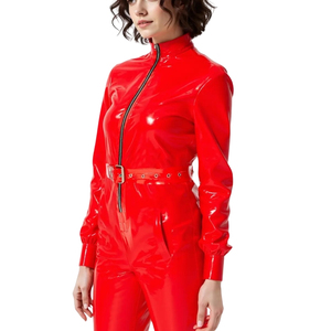 Women's Blue PU Coated High Waist Overall <b>Jumpsuit</b> Sleeveless Full Length Waterproof Clubwear Sexy Style - Product Image 6