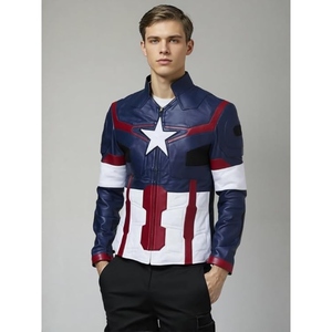Chaqueta de Cuero Personalizada Azul, Roja y Blanca, Estilo Superhéroe, para Motociclismo, con Parches de Estrellas, Abrigo de Motero, Ropa Urbana OEM al por Mayor - Product Image 2