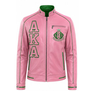 Chaqueta de Cuero Rosa Bordada Alpha Kappa Alpha AKA para Hombre, Estilo Casual con Cuello Camisero, Cierre de Cremallera y Logotipo en la Espalda - Product Image 5