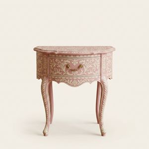 Mesa de Noche Redonda de Madera de Lujo Moderna y Ecológica con Incrustaciones Florales Rosas Hechas a Mano, 1 Cajón, Almacenamiento para Sala de Estar - Product Image 1
