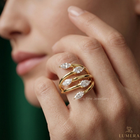 Anillo de diamantes cultivados en laboratorio con corte pera y marquesa, anillo de banda de oro lisa con diseño abierto y dividido, anillo único para novia