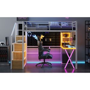 Twin Size Metal Loft <b>Bed</b> with <b>LED</b> White Work Station Built-In Wardrobe and Storage Staircase Kids' Furniture Set - Product Image 6