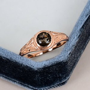 Bezel Setting <b>Vintage</b> Smoky Quartz <b>Ring</b> Rose <b>Gold</b> Plated Solid 925 Sterling Silver Round Gemstone Engraved Tapered Band <b>Ring</b> - Product Image 1