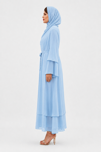 2026 Ladies Long Floor Length Full Sleeve Double Layer <b>Belted</b> <b>Abaya</b> Plain Polyester Chiffon Caftan Women Wear - Product Image 4