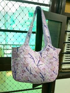 Hand Block Printed Quilted Cotton Tote <b>Bag</b> for Lady Bohemian Floral Design Magnetic Closure <b>Large</b> Size <b>Beach</b> & Daily Use - Product Image 2