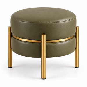 Olive Green Padded Accent <b>Stool</b> Gold Trim Metal Base Round Upholstered Seating Furniture for Living Room <b>Bedroom</b> Lounge | Modern - Product Image 1