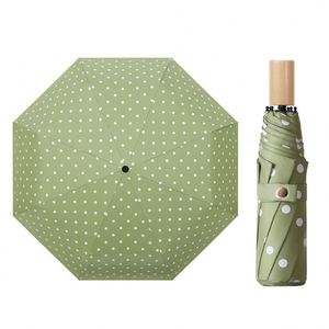 Parapluie pliant manuel rétro à pois avec poignée en bois, protection UV, pliable en trois, en tissu pongé pour le voyage - Product Image 1