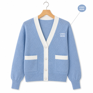 Cosh International Sisterhood Sorority Custom Logo <b>Light</b> Blue V-Neck Knitted <b>Cardigan</b> With White Trim And Pockets Long Sleeve - Product Image 1