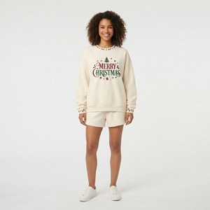 Festliches Weihnachts-Sweatshirt für Damen mit Rundhalsausschnitt und gestickten Weihnachts-Schriftzügen sowie passende Shorts, zweiteiliges Freizeit-Set mit langen Ärmeln - Product Image 5