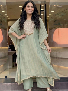 Ensemble Kaftan en Coton Brodé Vert Clair pour Femme, Coupe Classique, Pantalon Traditionnel Longueur Genou, Séchage Rapide, Inde Pakistan - Product Image 1