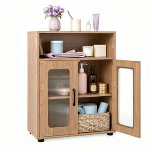 Mobile Bagno Moderno Minimalista in Legno Ingegnerizzato, Alto Contenitore Anti-Ribaltamento Naturale con Scomparto Aperto e Anta Magnetica - Product Image 2