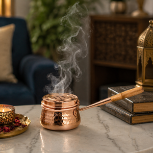 Brûleur d'encens artisanal en cuivre martelé avec poignée en bois, brûleur de Bakhoor, brûleur d'Oud, encensoir à charbon, aromathérapie, décoration d'intérieur, OEM - Product Image 3