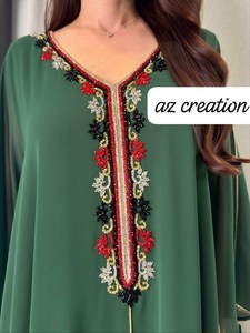 Vestido Abaya Kaftan Azul Marino Bordado de Az Creation, con Mangas Anchas, Tela de Seda con Flores, para Fiestas - Product Image 4