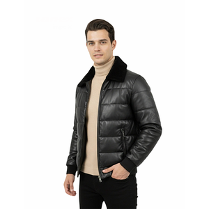 Veste matelassée en cuir noir pour homme, chaude pour l'hiver, avec fermeture éclair et col en fourrure, coupe ajustée, logo personnalisé OEM, vente en gros - Product Image 1